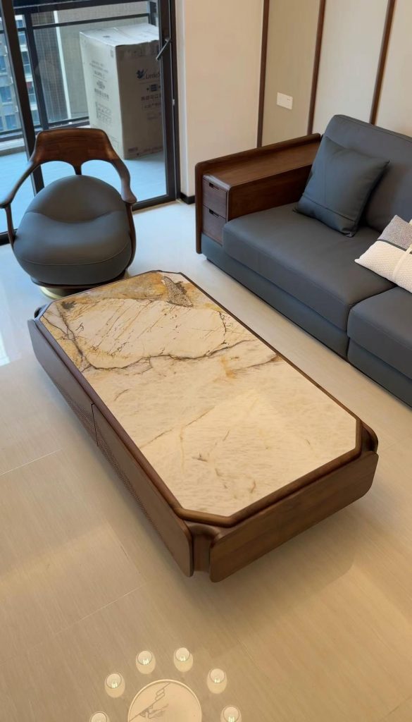 Marble-top coffee table with a sculptural solid black walnut base in a New Chinese-style living room
